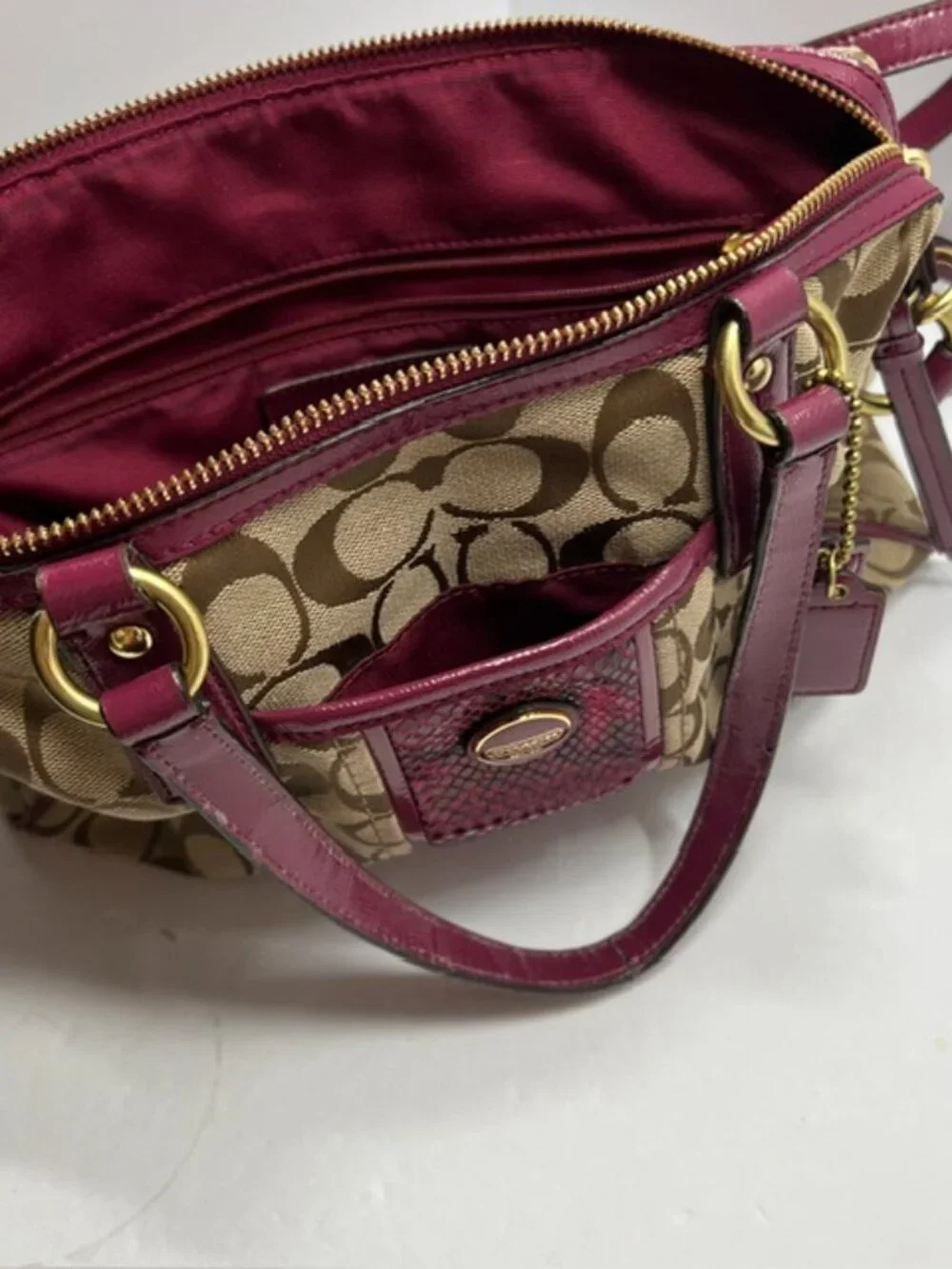 Coach Signature Stripe Python Satchel F24884 in Khaki w/Raspberry Python w/COA